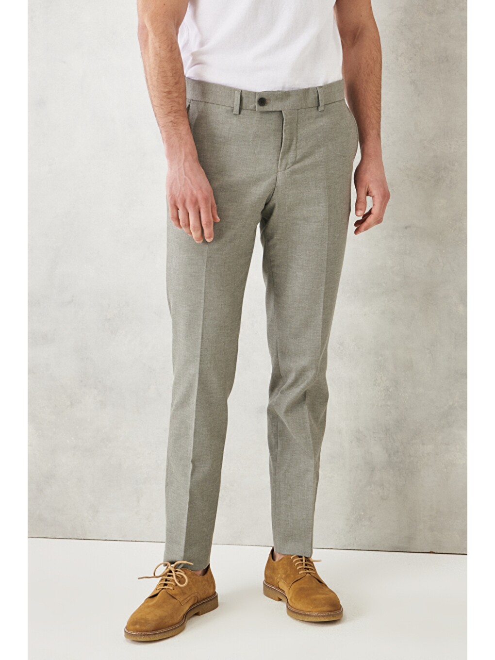 Erkek Haki Slim Fit Dar Kesim Mono Yaka Armürlü Klasik Takım Elbise-3