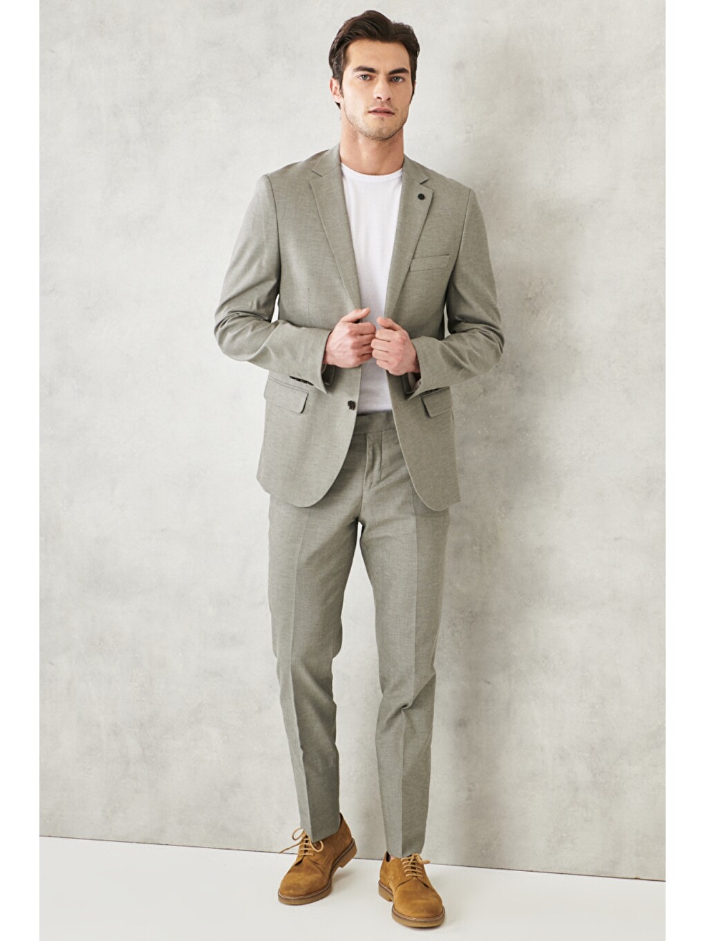 Erkek Haki Slim Fit Dar Kesim Mono Yaka Armürlü Klasik Takım Elbise-4