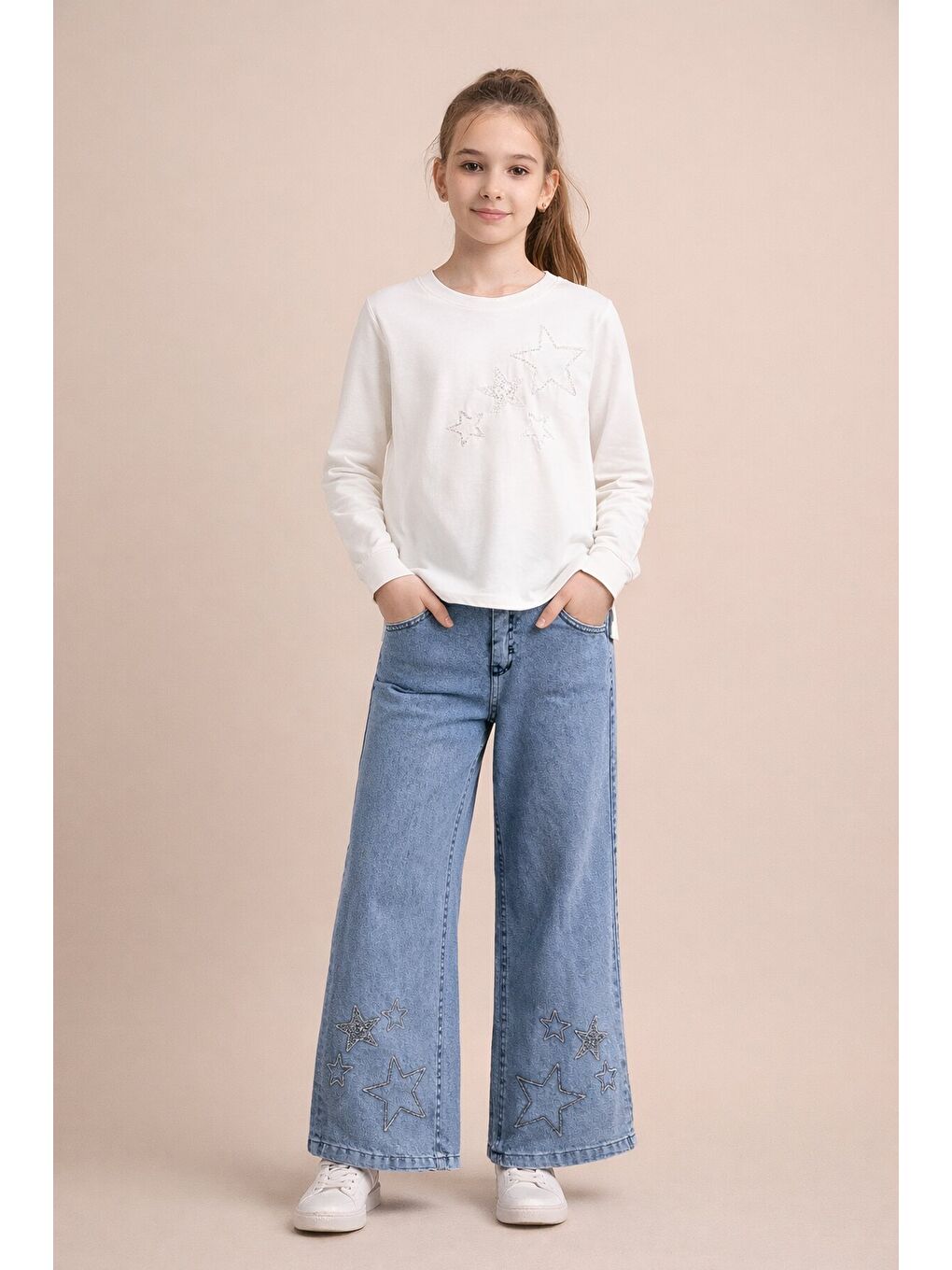 Ekru Yıldız İşlemeli Badili Jean Pantolonlu Kız Çocuk 2li Takım 23742-1