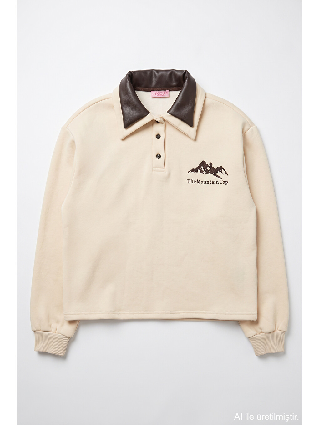 Polo Yaka Yazı Nakışlı Oversize Sweatshirt Bej-1