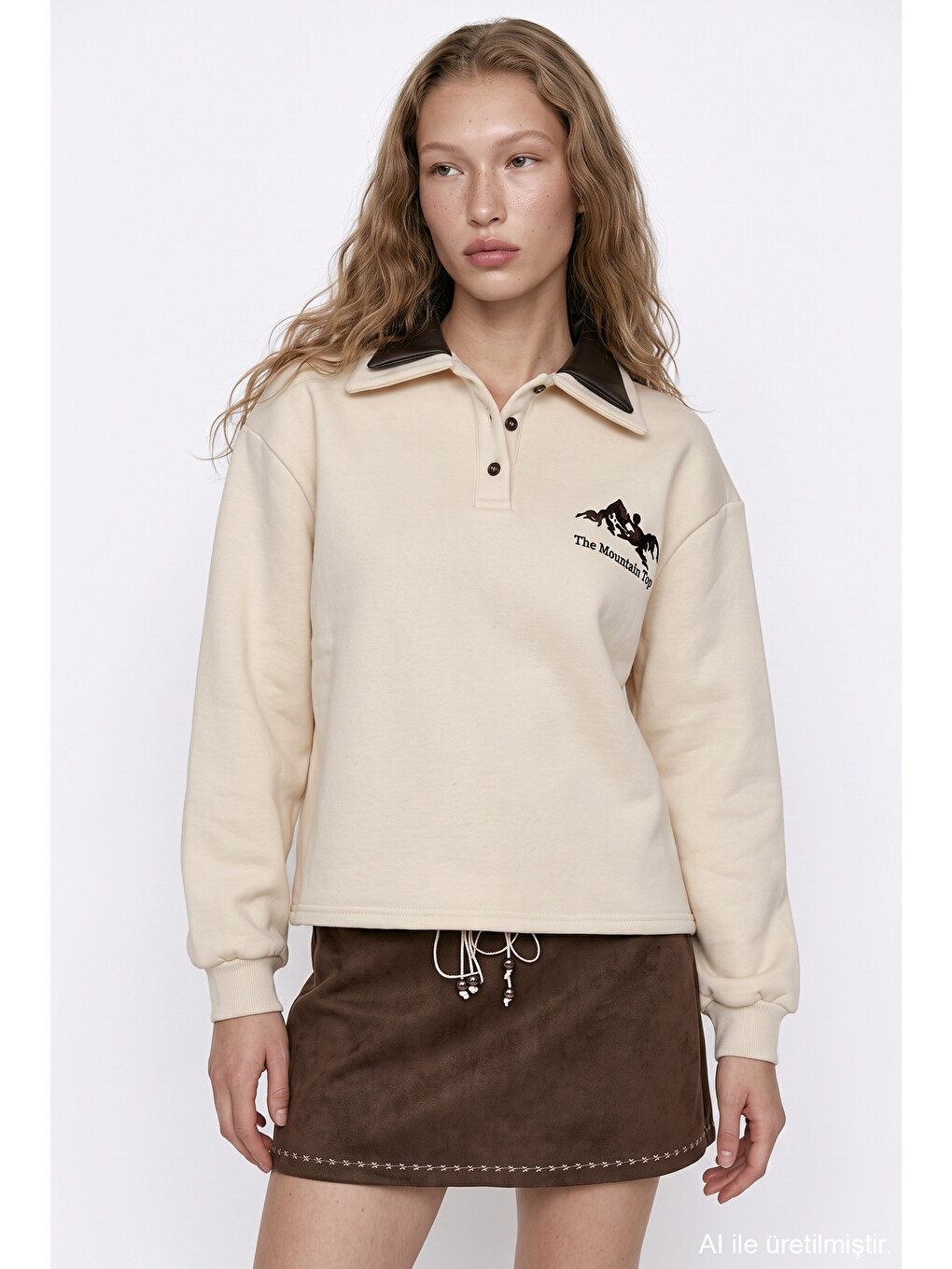 Polo Yaka Yazı Nakışlı Oversize Sweatshirt Bej-2