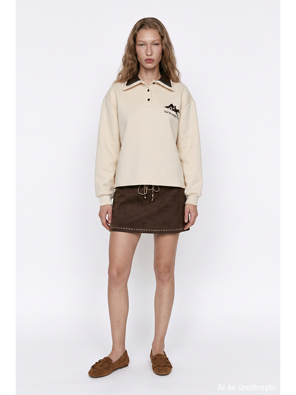 Polo Yaka Yazı Nakışlı Oversize Sweatshirt Bej-3