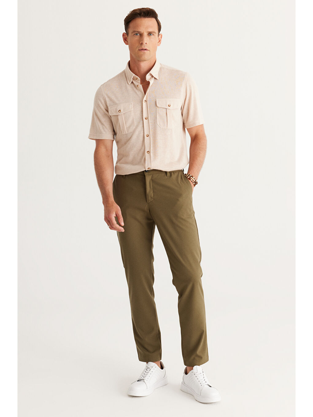 Erkek Haki Slim Fit Dar Kesim Esnek Pantolon