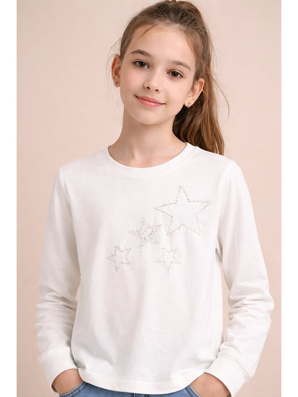 Ekru Yıldız İşlemeli Badili Jean Pantolonlu Kız Çocuk 2li Takım 23742-2