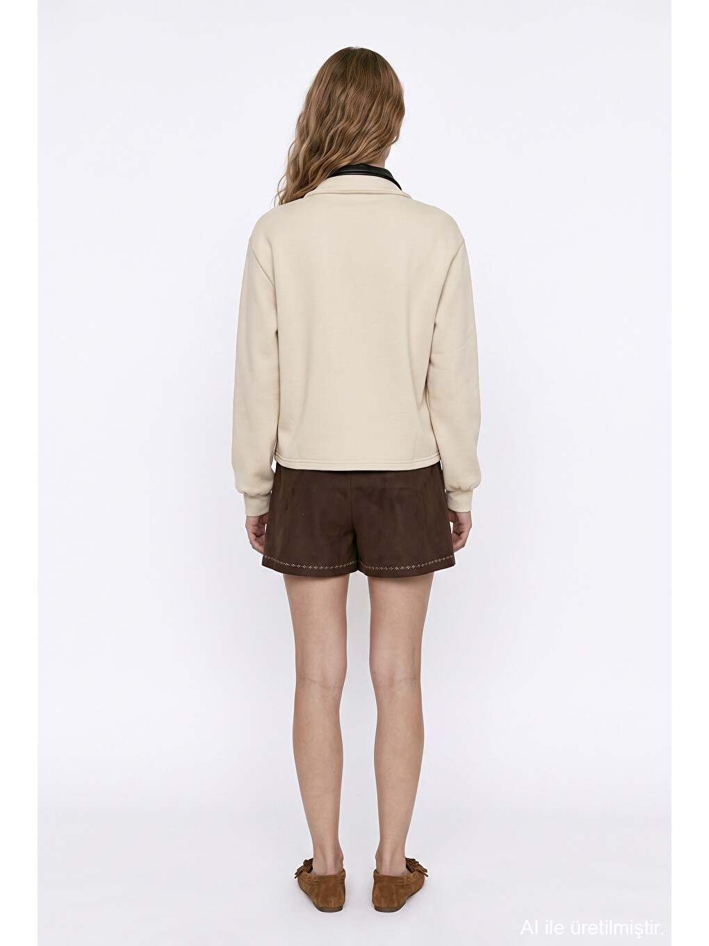 Polo Yaka Yazı Nakışlı Oversize Sweatshirt Bej-4