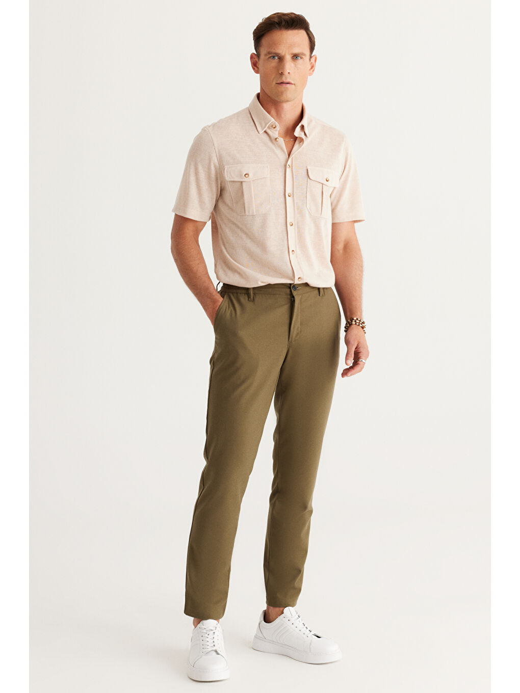 Erkek Haki Slim Fit Dar Kesim Esnek Pantolon-1