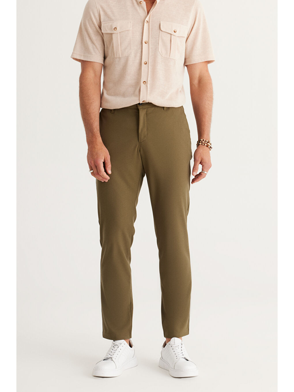 Erkek Haki Slim Fit Dar Kesim Esnek Pantolon-2