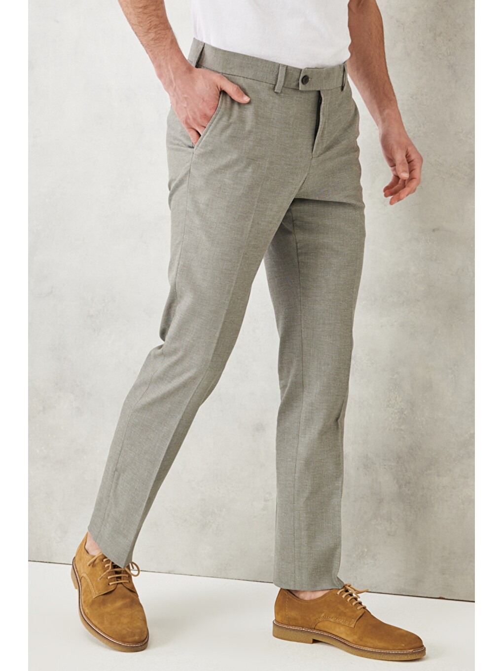 Erkek Haki Slim Fit Dar Kesim Mono Yaka Armürlü Klasik Takım Elbise-6
