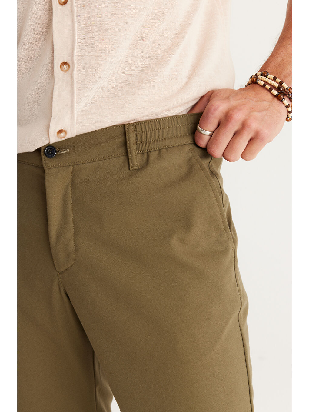 Erkek Haki Slim Fit Dar Kesim Esnek Pantolon-3