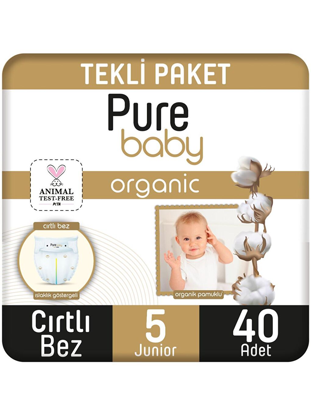 Pure Baby Organik Pamuklu Cırtlı Bez Tekli Paket 5 Numara Junior 40 Adet