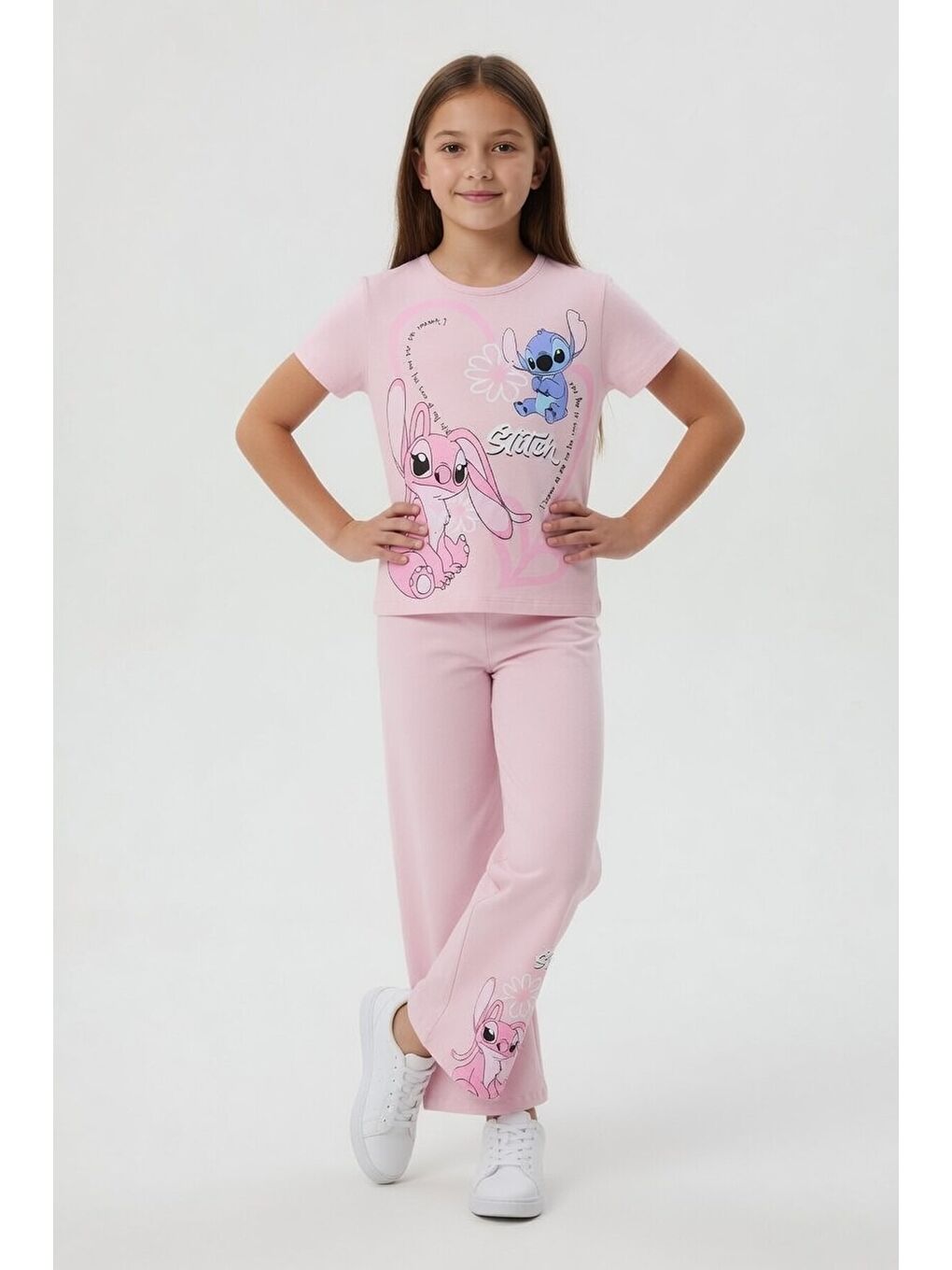 Pembe Pudra Kalpli Karakter Baskılı Geniş Paça Pantolonlu Kız Çocuk 2li Takım 23810