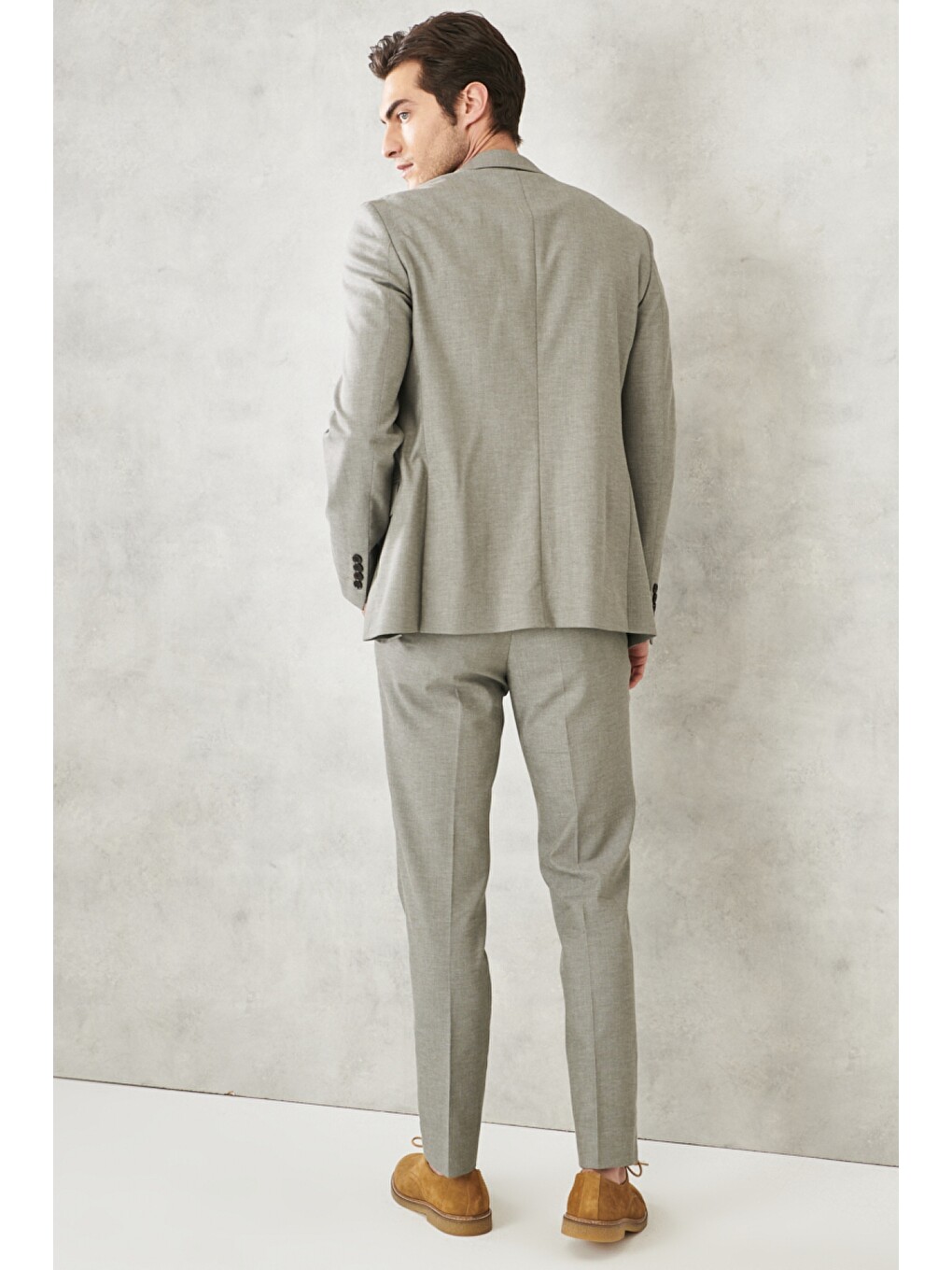 Erkek Haki Slim Fit Dar Kesim Mono Yaka Armürlü Klasik Takım Elbise-8