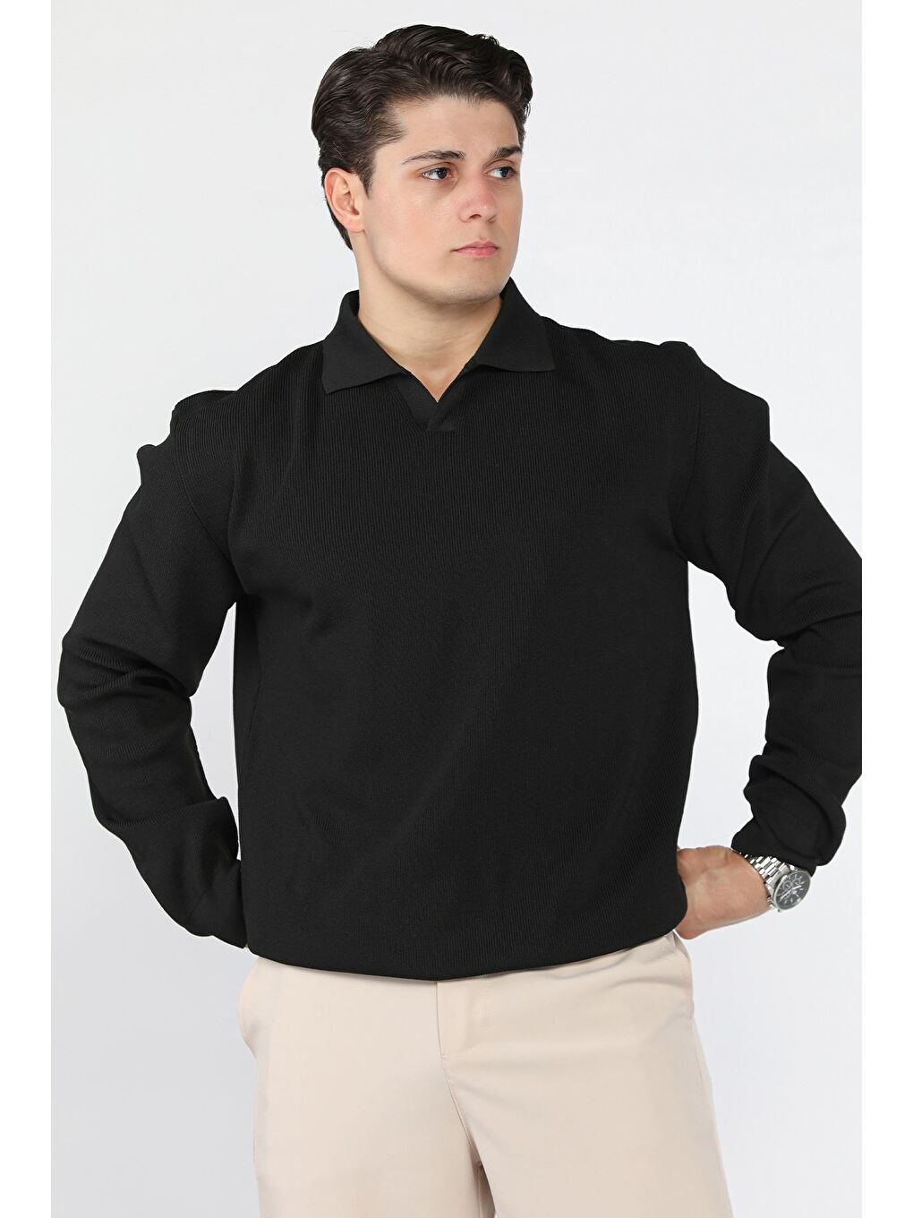 Siyah Gömlek Yaka Erkek Triko Kazak-1
