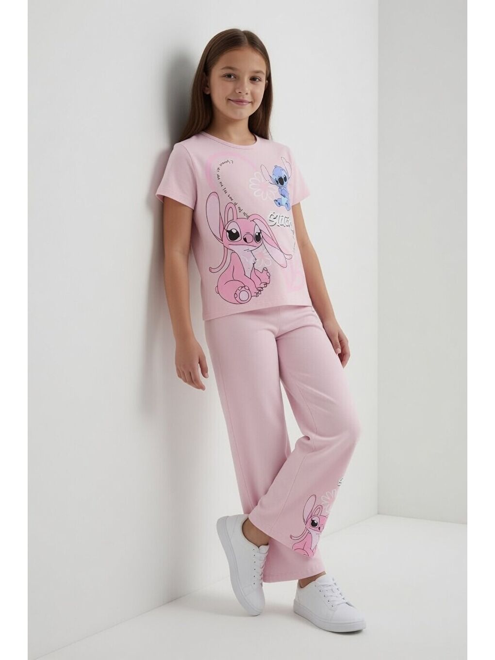 Pembe Pudra Kalpli Karakter Baskılı Geniş Paça Pantolonlu Kız Çocuk 2li Takım 23810-1