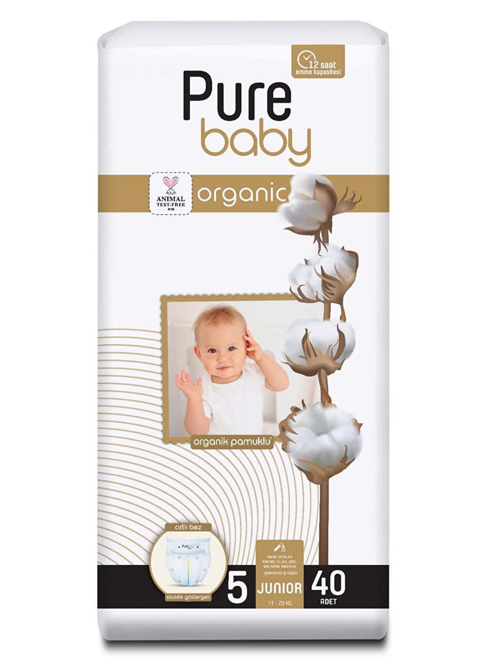 Pure Baby Organik Pamuklu Cırtlı Bez Tekli Paket 5 Numara Junior 40 Adet - 1