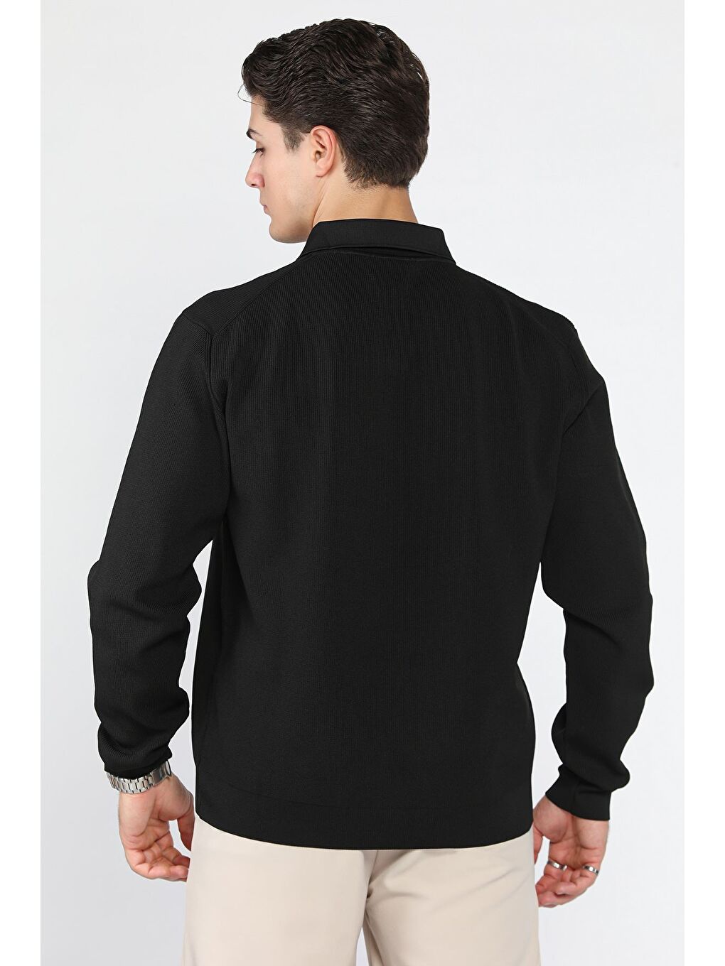 Siyah Gömlek Yaka Erkek Triko Kazak-2