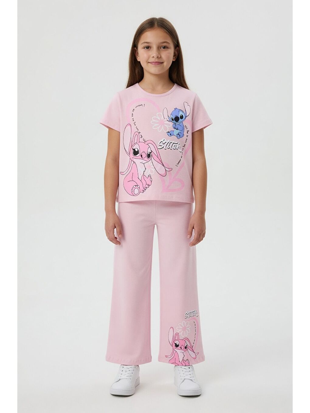 Pembe Pudra Kalpli Karakter Baskılı Geniş Paça Pantolonlu Kız Çocuk 2li Takım 23810-2