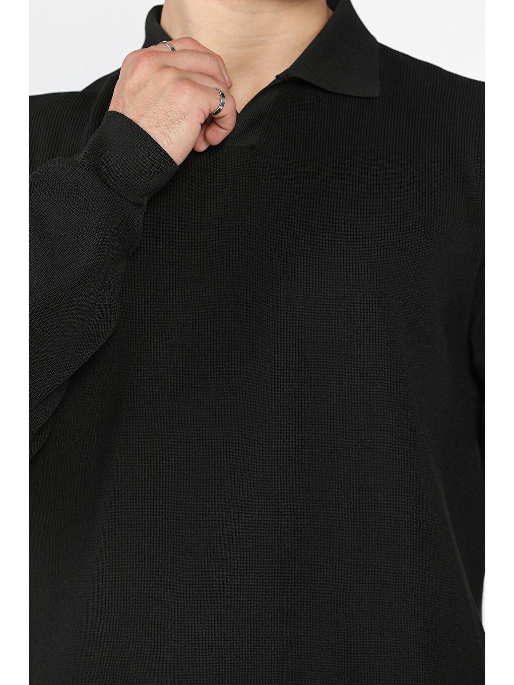 Siyah Gömlek Yaka Erkek Triko Kazak-3