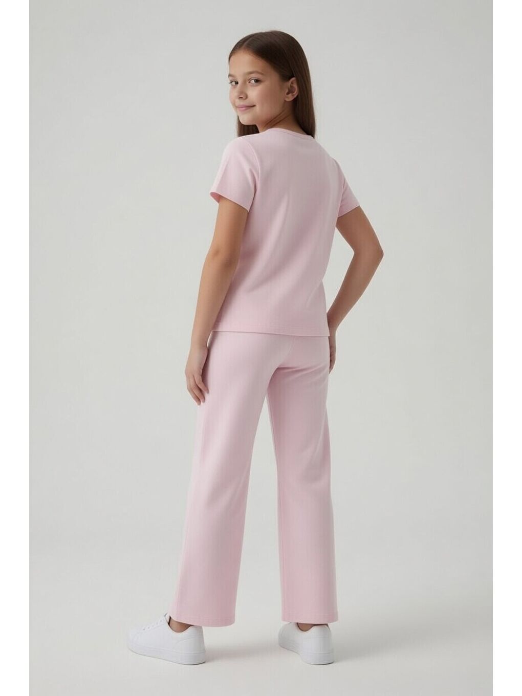 Pembe Pudra Kalpli Karakter Baskılı Geniş Paça Pantolonlu Kız Çocuk 2li Takım 23810-3