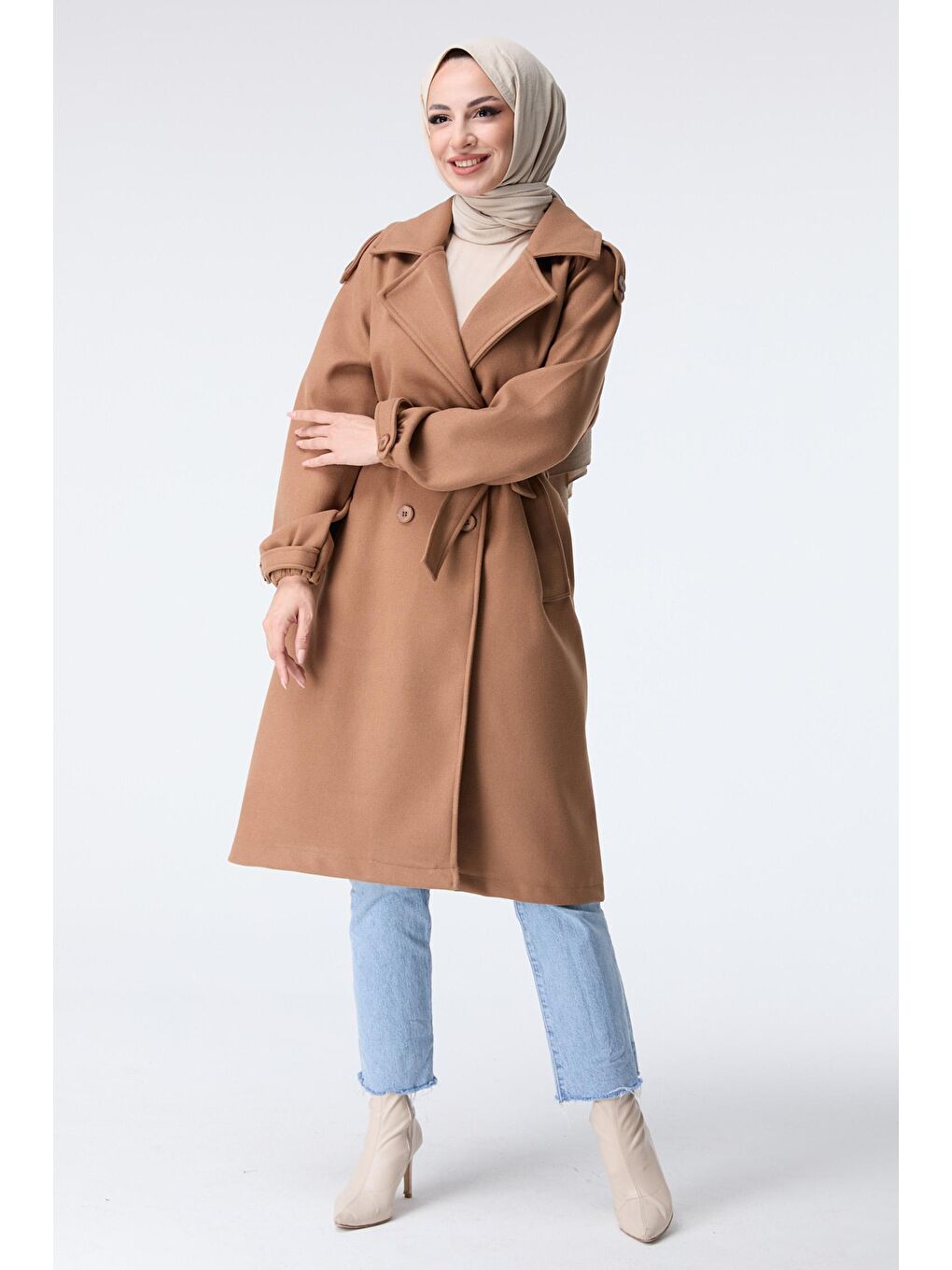 Kahverengi Gömlek Yaka Kadın Taba Kaşe Kaban - 23443