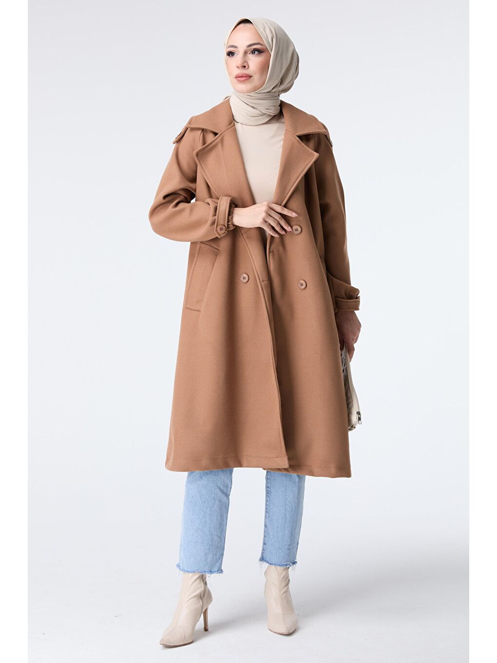 Kahverengi Gömlek Yaka Kadın Taba Kaşe Kaban - 23443-1