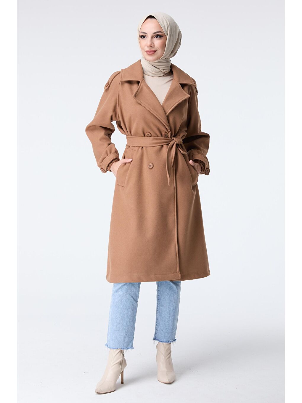 Kahverengi Gömlek Yaka Kadın Taba Kaşe Kaban - 23443-2