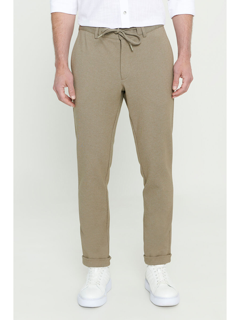 Bej Erkek Vizon Slim Fit Dar Kesim Beli Bağlamalı Esnek Pantolon