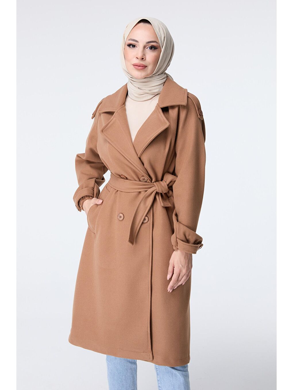 Kahverengi Gömlek Yaka Kadın Taba Kaşe Kaban - 23443-3