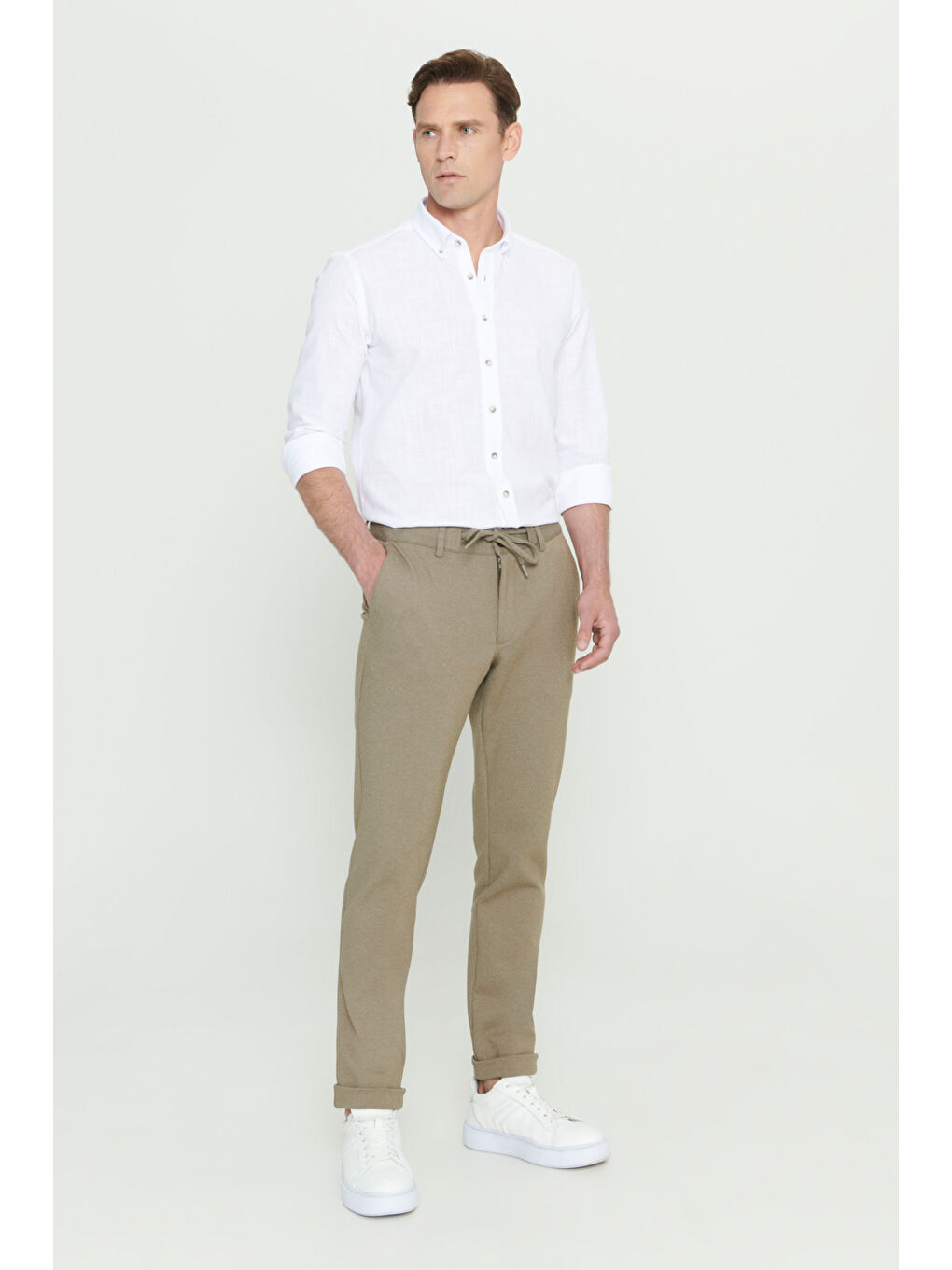 Bej Erkek Vizon Slim Fit Dar Kesim Beli Bağlamalı Esnek Pantolon-1