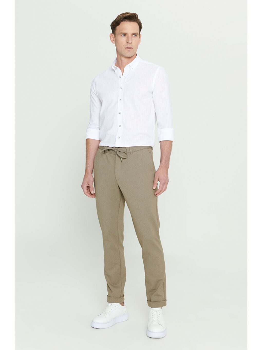 Bej Erkek Vizon Slim Fit Dar Kesim Beli Bağlamalı Esnek Pantolon-2