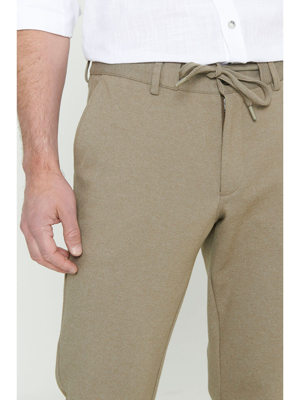 Bej Erkek Vizon Slim Fit Dar Kesim Beli Bağlamalı Esnek Pantolon-4