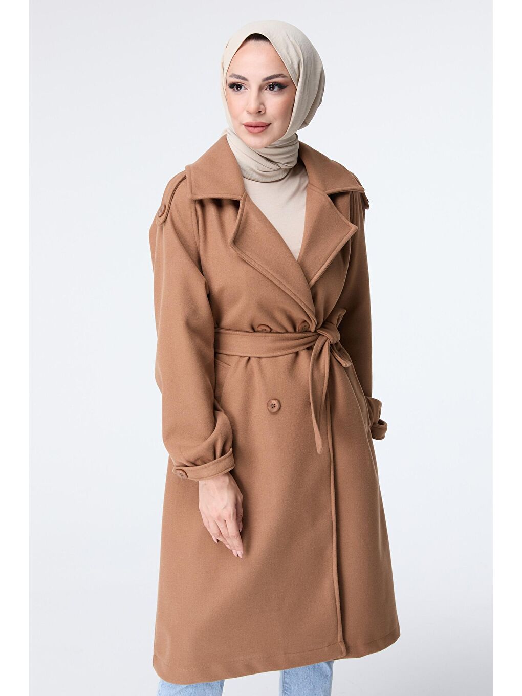Kahverengi Gömlek Yaka Kadın Taba Kaşe Kaban - 23443-4