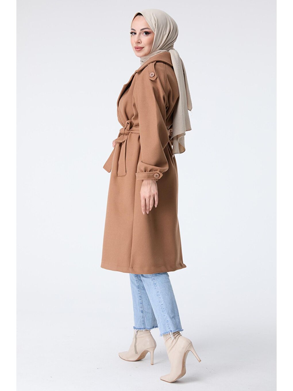 Kahverengi Gömlek Yaka Kadın Taba Kaşe Kaban - 23443-6