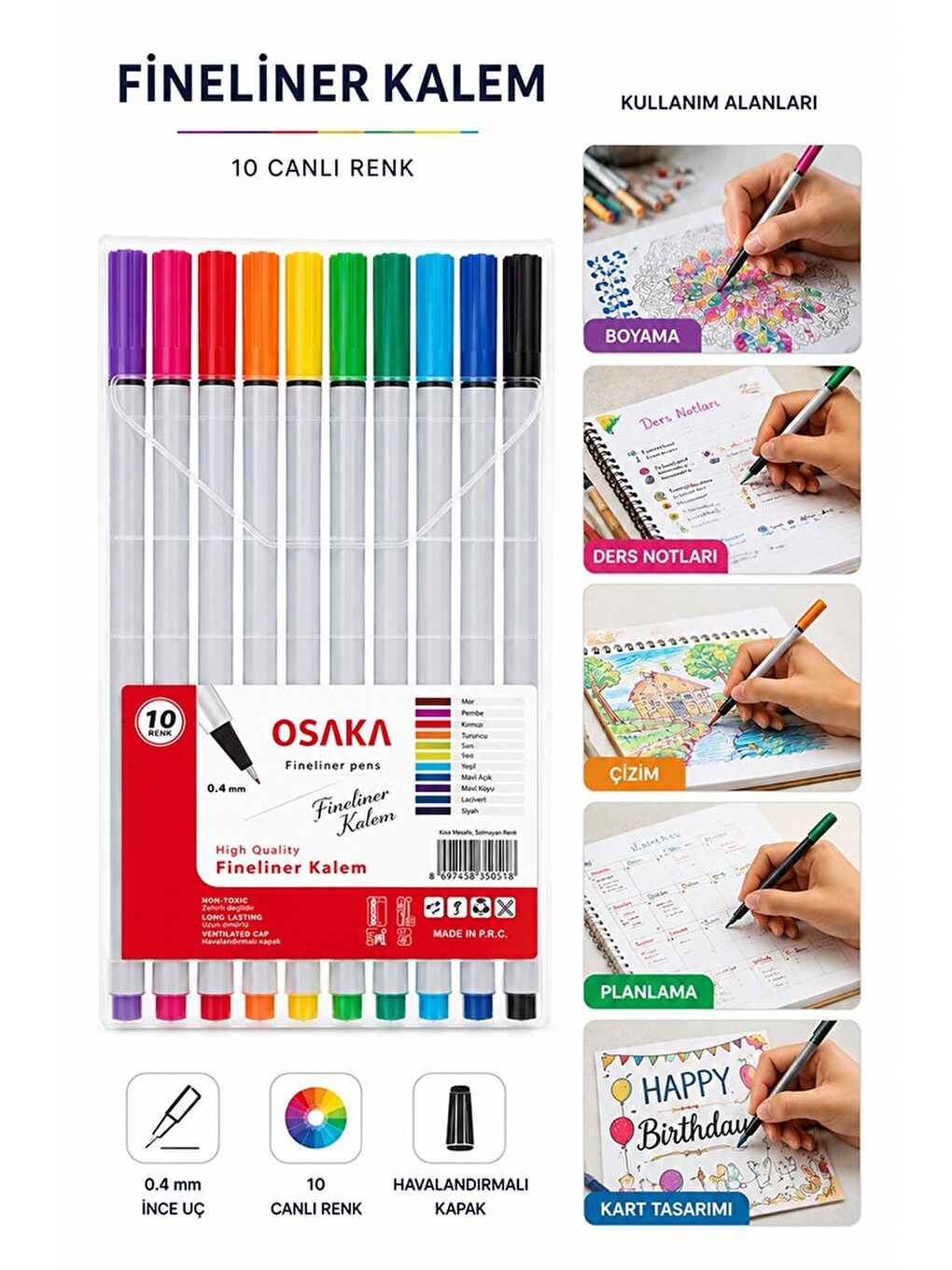 Fineliner Kalem 10 Renk 0.4mm 1 Paket Osaka İnce Keçe Uçlu 10 Lu Renkli Yazı Ve Çizim Kalemi İşaretl-2