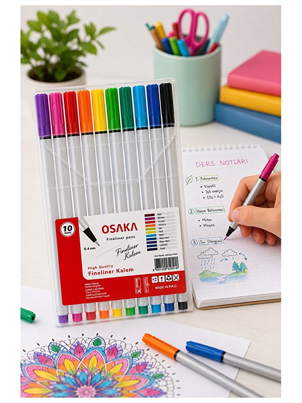 Fineliner Kalem 10 Renk 0.4mm 1 Paket Osaka İnce Keçe Uçlu 10 Lu Renkli Yazı Ve Çizim Kalemi İşaretl-1