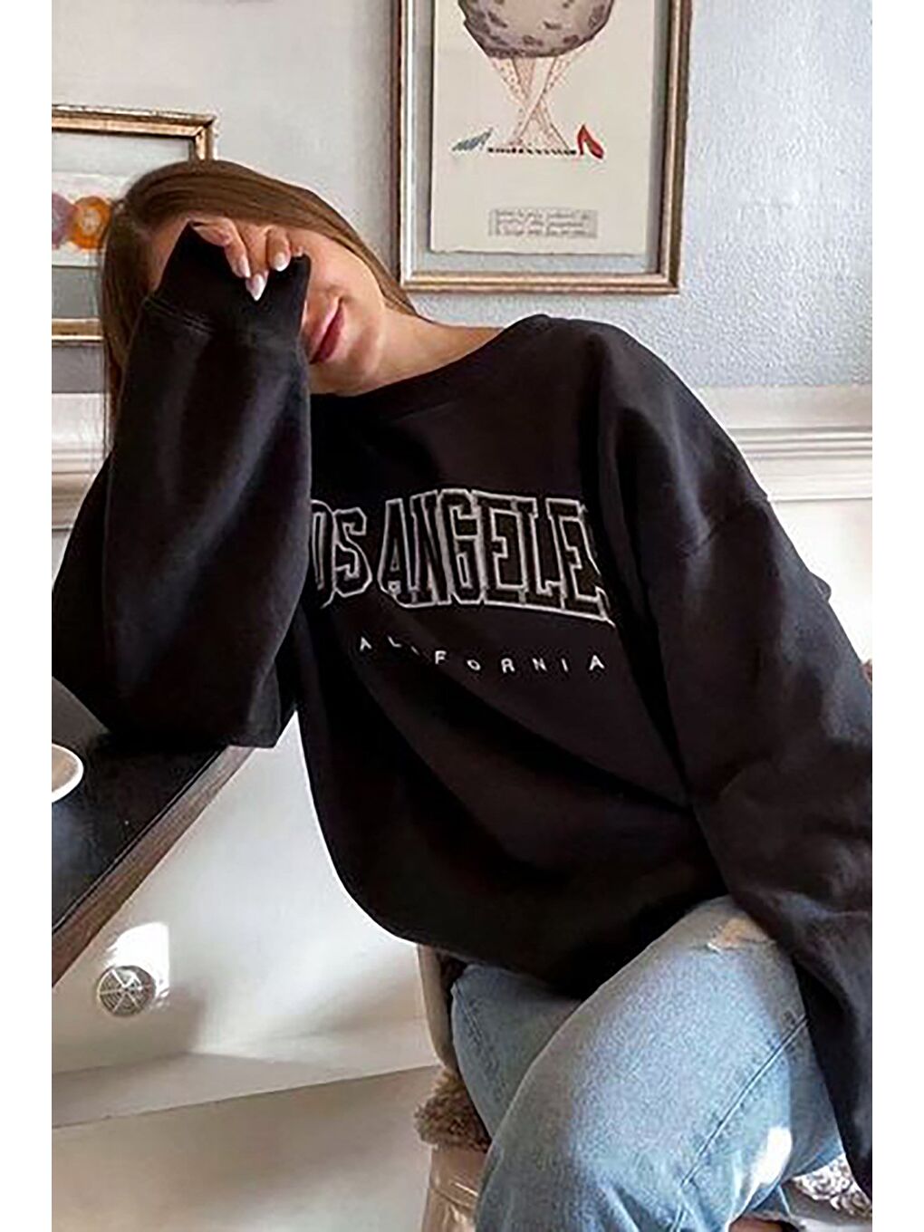 Siyah Baskılı Oversize Kadın Sweatshirt Mg780-5