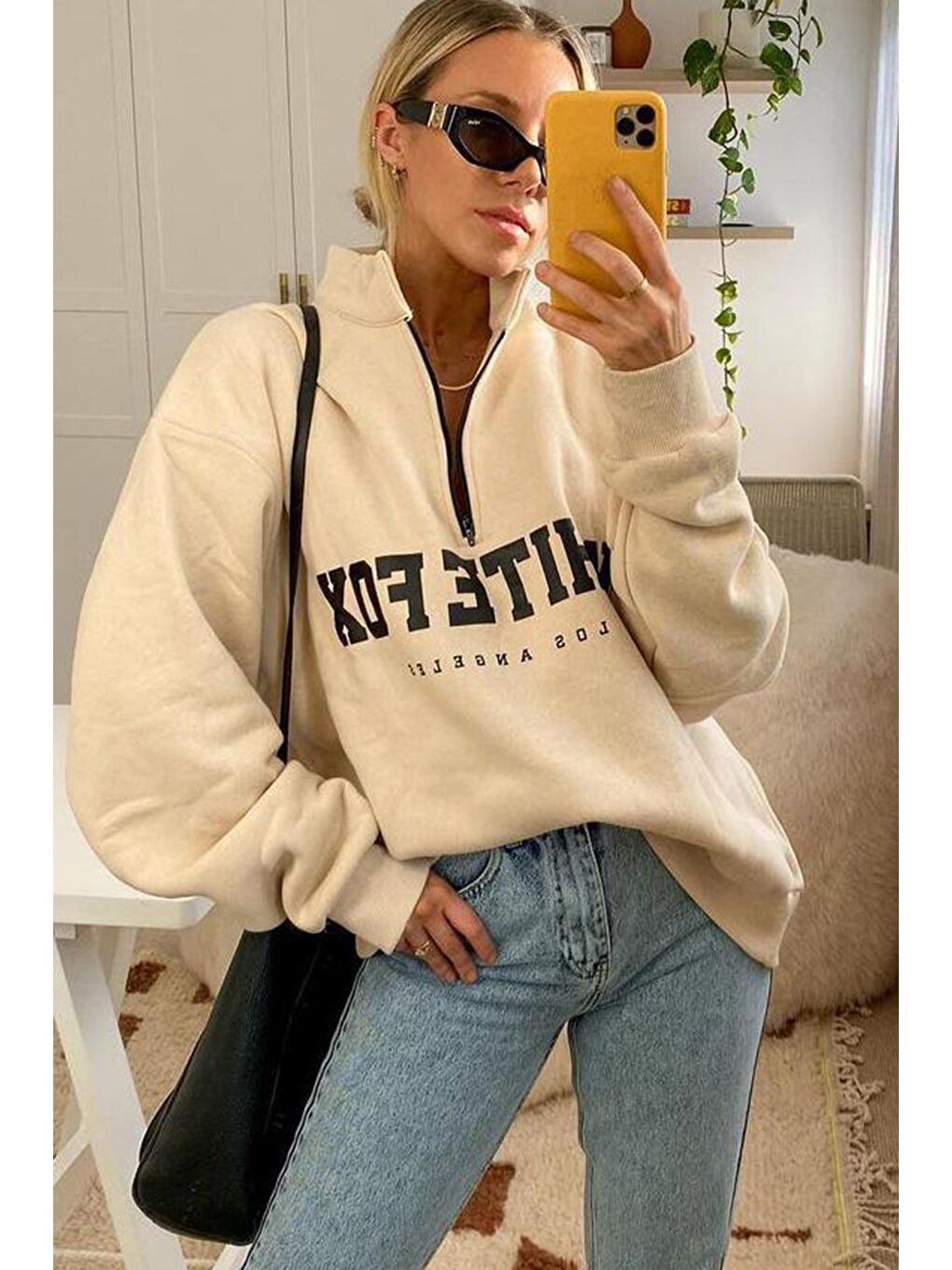 Bej Fermuar Detaylı Baskılı Sweatshirt Mg1246-5