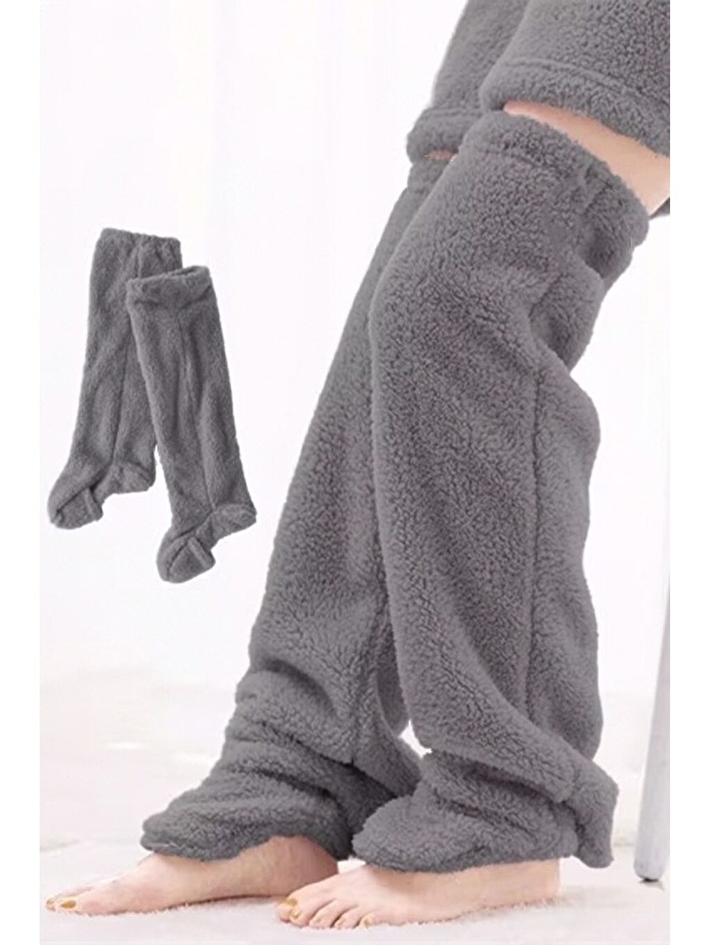 Antrasit Wellsoft Pelüş Diz Üstü Ev Çorabı Uzun Çorap