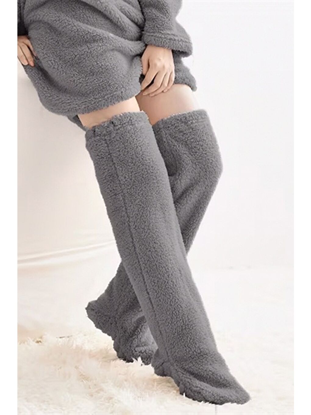 Antrasit Wellsoft Pelüş Diz Üstü Ev Çorabı Uzun Çorap-1