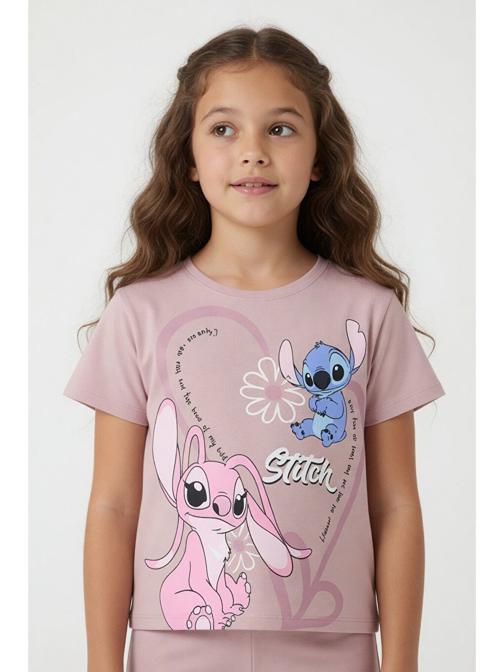 Pembe Gül Kurusu Kalpli Karakter Baskılı Geniş Paça Pantolonlu Kız Çocuk 2li Takım 23809-1