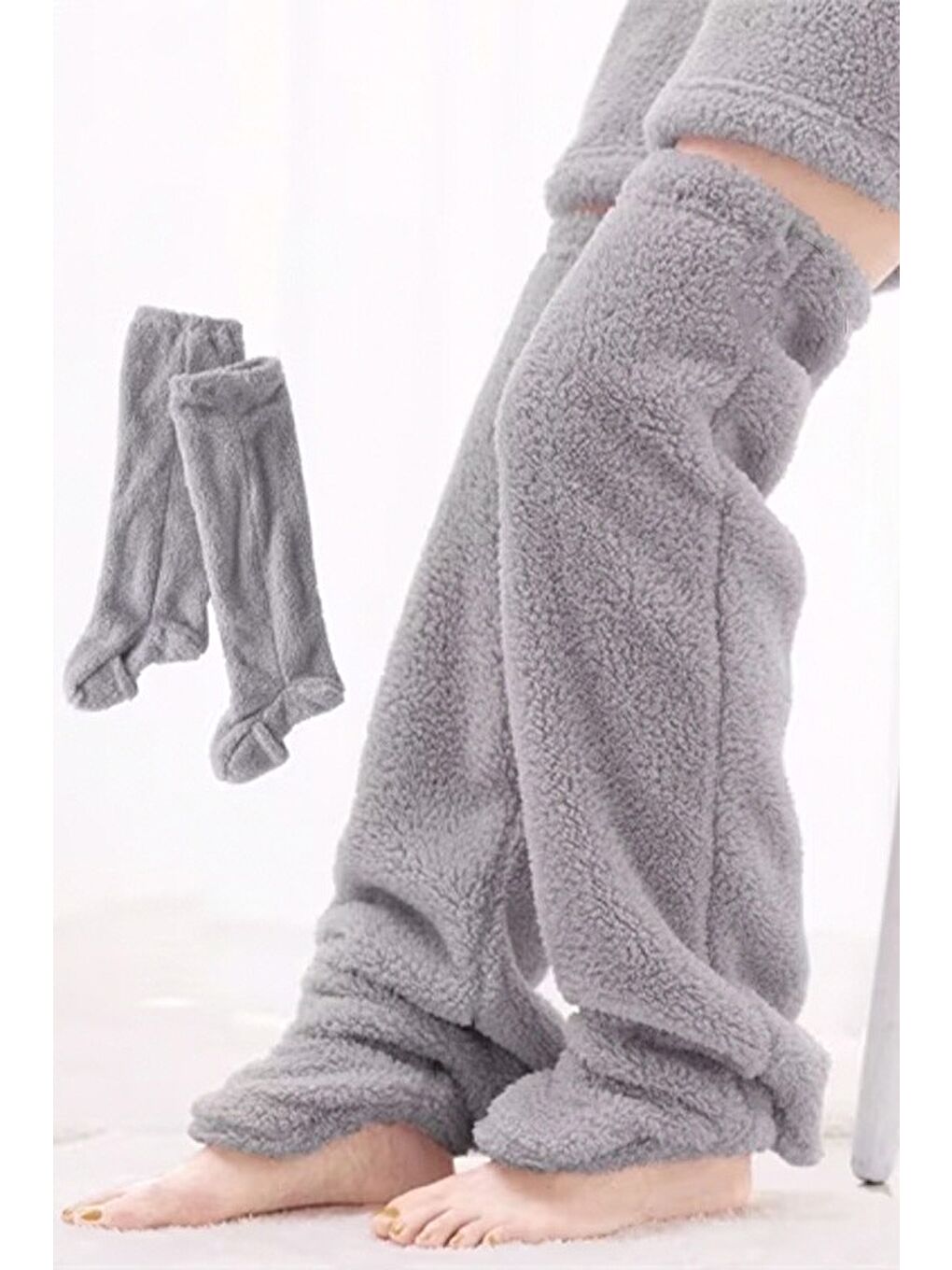 Gri Wellsoft Pelüş Diz Üstü Ev Çorabı Uzun Çorap-1