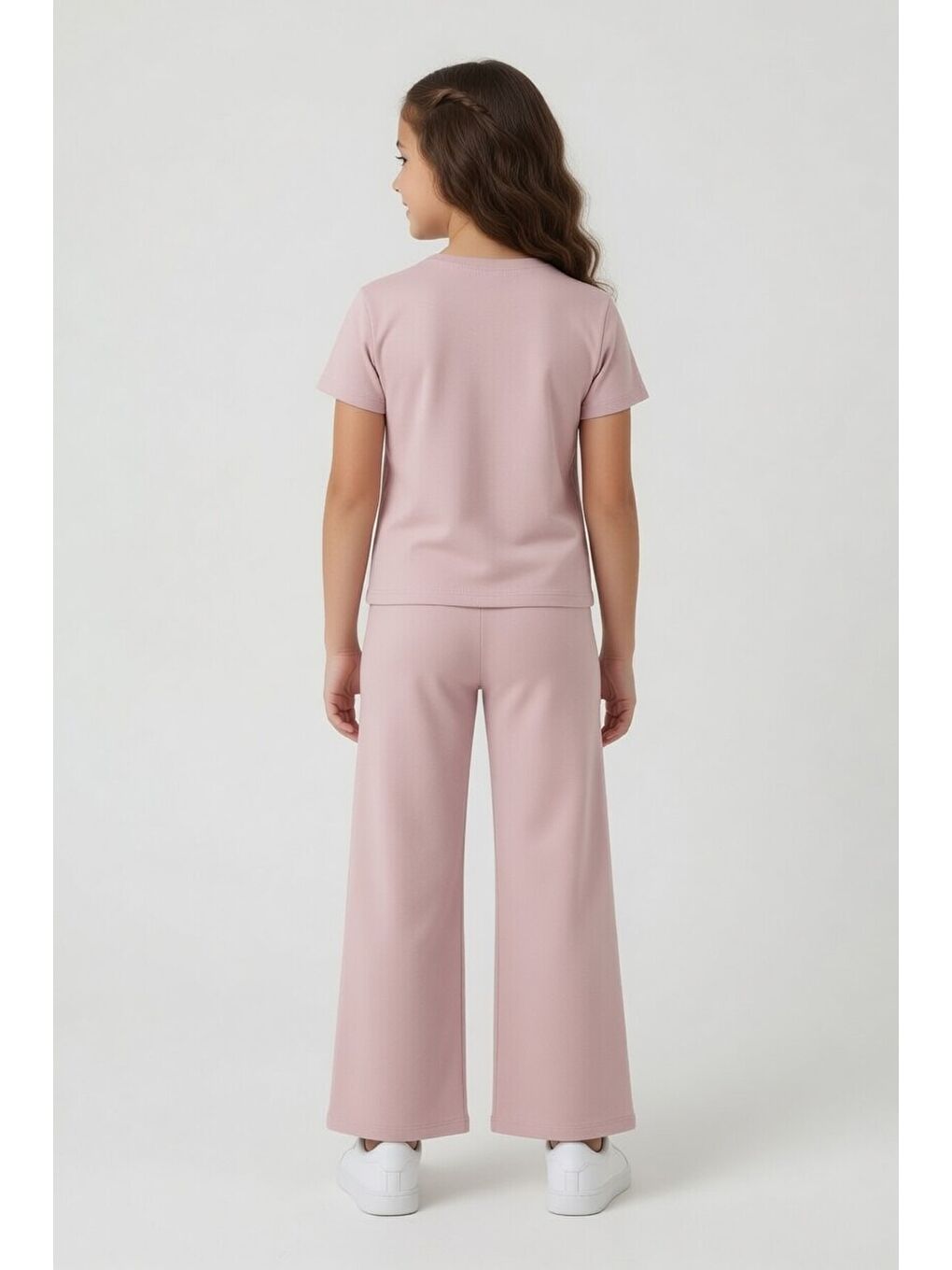 Pembe Gül Kurusu Kalpli Karakter Baskılı Geniş Paça Pantolonlu Kız Çocuk 2li Takım 23809-2