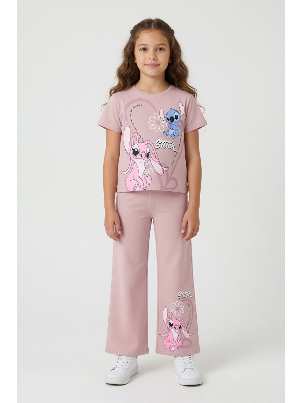 Pembe Gül Kurusu Kalpli Karakter Baskılı Geniş Paça Pantolonlu Kız Çocuk 2li Takım 23809-3
