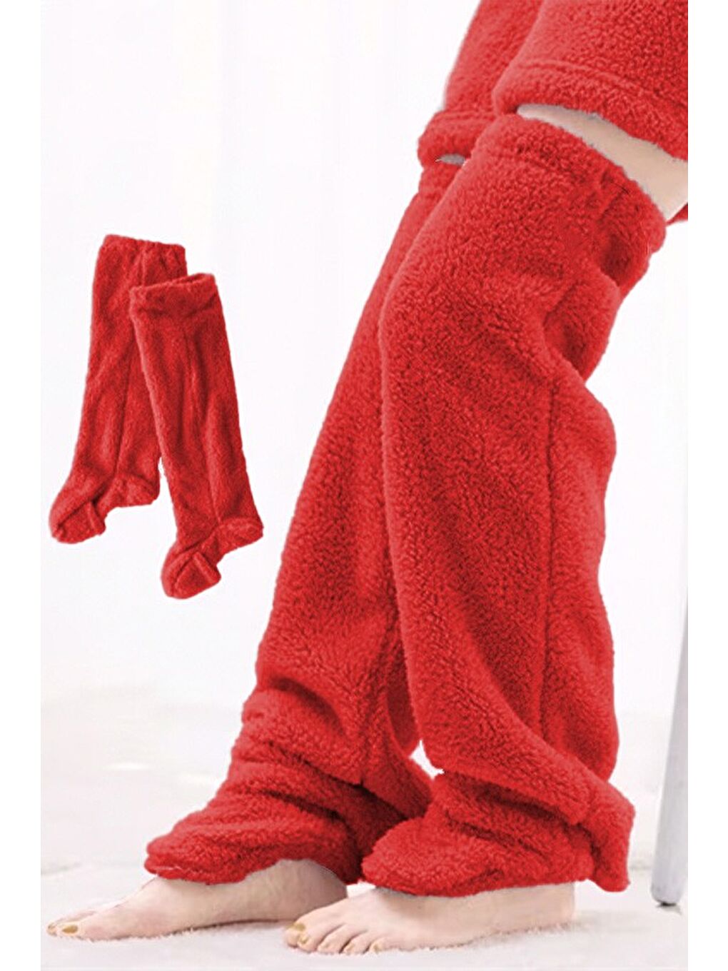 Kırmızı Wellsoft Pelüş Diz Üstü Ev Çorabı Uzun Çorap-1