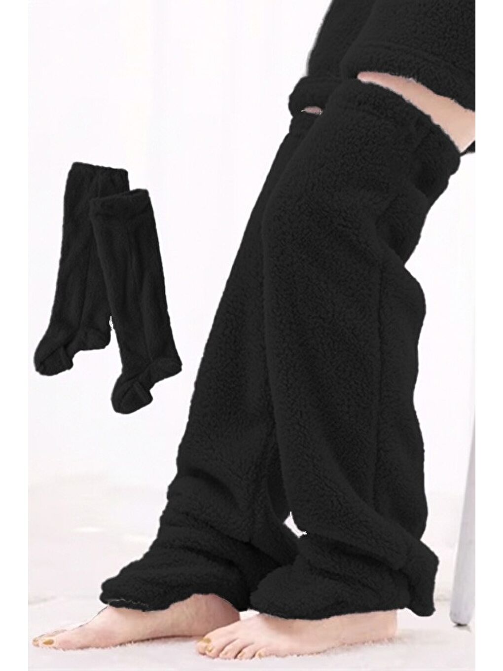 Siyah Wellsoft Pelüş Diz Üstü Ev Çorabı Uzun Çorap-1