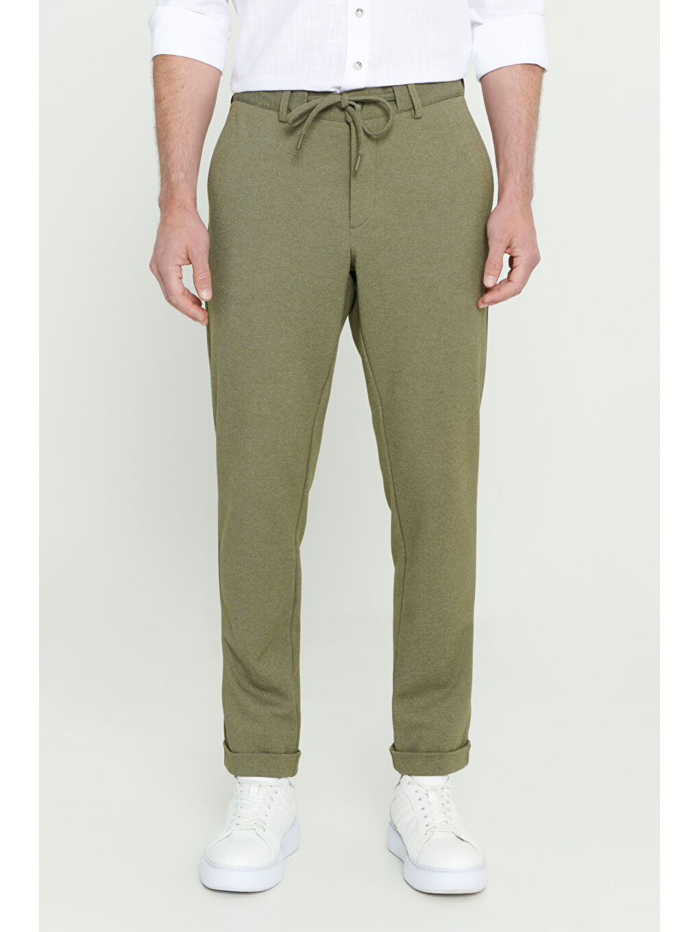 Erkek Haki Slim Fit Dar Kesim Beli Bağlamalı Esnek Pantolon