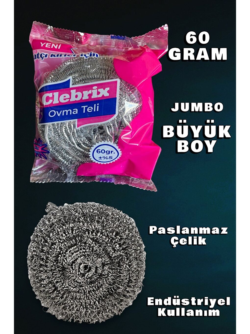 Paslanmaz Çelik Büyük Endüstriyel Boy Bulaşık Ovma Teli Jumbo Boy 60 gr