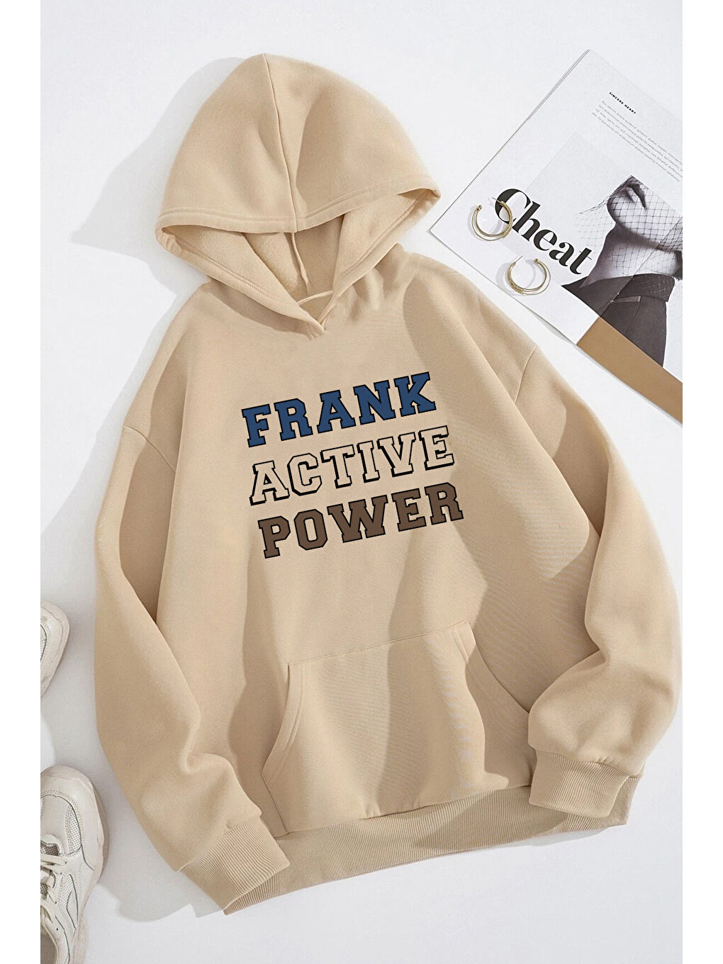 uyguntarz Bej Frank Active Power Baskılı Oversize Sweatshirt