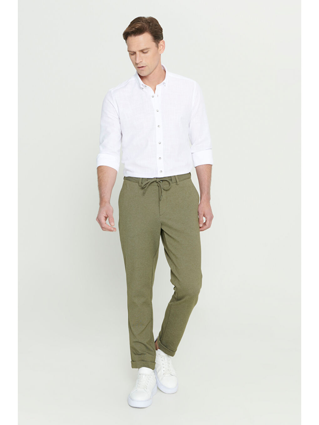 Erkek Haki Slim Fit Dar Kesim Beli Bağlamalı Esnek Pantolon-2