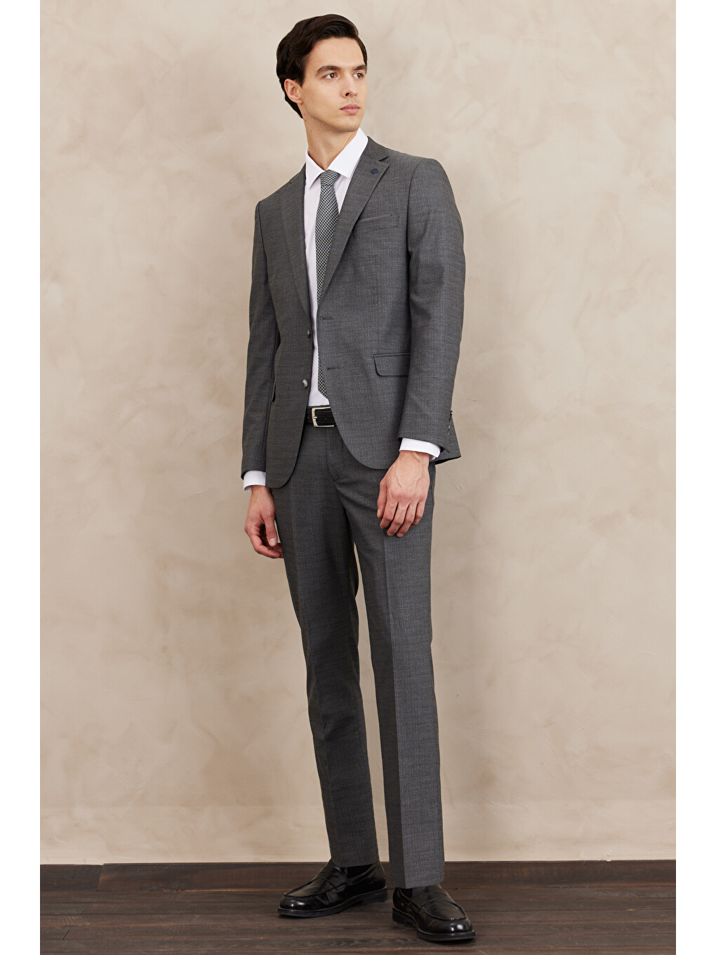 Erkek Gri Slim Fit Dar Kesim Mono Yaka Çizgili Takım Elbise-2